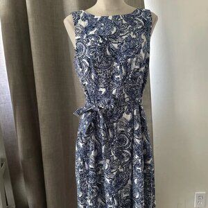 Blue and white paisley sleeveless dress with a belt